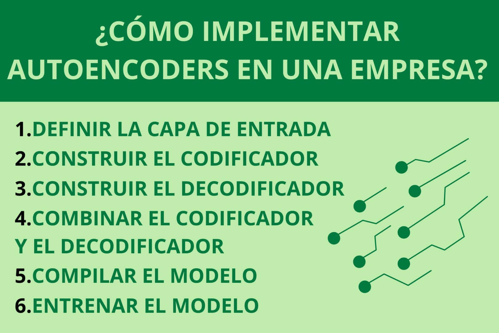 Infografía con los pasos clave para implementar autoencoders en una empresa: desde definir la capa de entrada hasta entrenar el modelo.