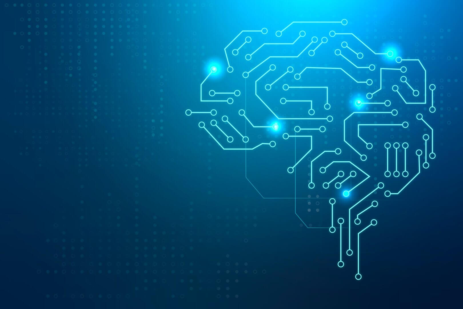 Imagen que representa un cerebro digital formado por circuitos electrónicos, simbolizando el procesamiento de datos y la inteligencia artificial.