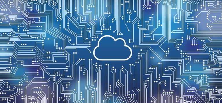 Ilustración de un circuito digital azul con un ícono de nube al centro, que representa flujos de datos y computación en la nube con Amazon EMR para procesamiento de Big Data.