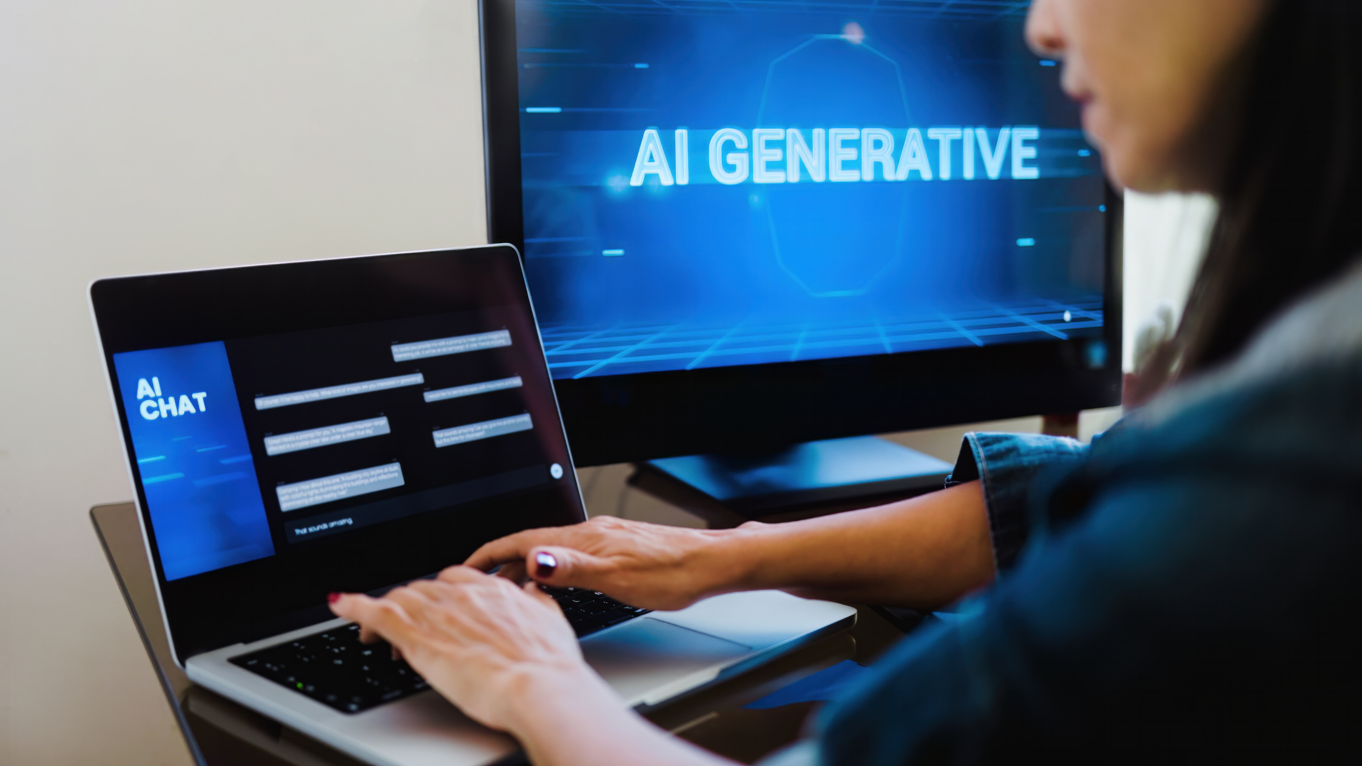 Persona utilizando una laptop para interactuar con una plataforma de AI Chat, mientras en una pantalla se visualiza el concepto de IA generativa, ejemplificando su implementación práctica en empresas.