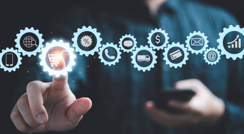 Persona interactuando con iconos de engranajes digitales que representan funciones empresariales como compras, finanzas y logística, en un entorno de Business Process Reengineering orientado a la eficiencia operativa.