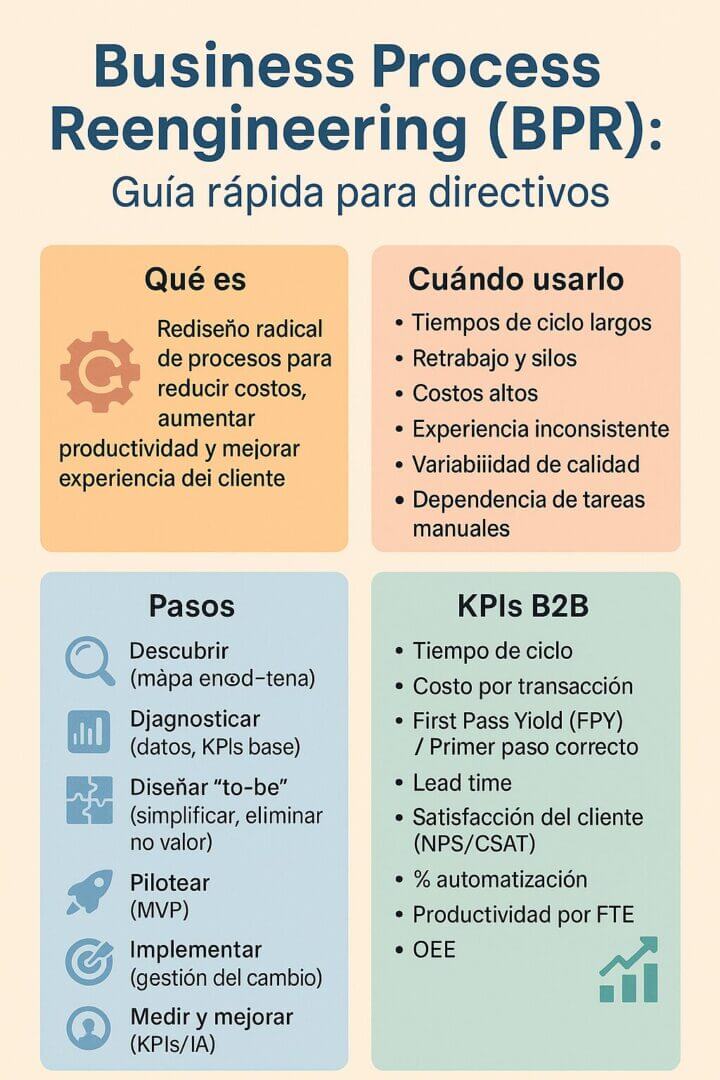 Infografía en tonos pasteles sobre Business Process Reengineering para directivos: definición, cuándo aplicarlo, pasos (descubrir, diagnosticar, diseñar, pilotear, implementar, medir) y KPIs B2B (tiempo de ciclo, costo por transacción, FPY, lead time, % de automatización, productividad por FTE, OEE).