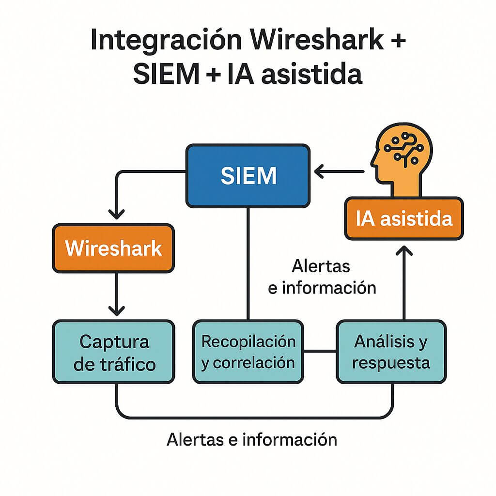 Diagrama que muestra cómo Wireshark se integra con un SIEM y sistemas de análisis asistidos por IA para correlacionar alertas, validar tráfico en PCAP y mejorar la investigación de incidentes.
