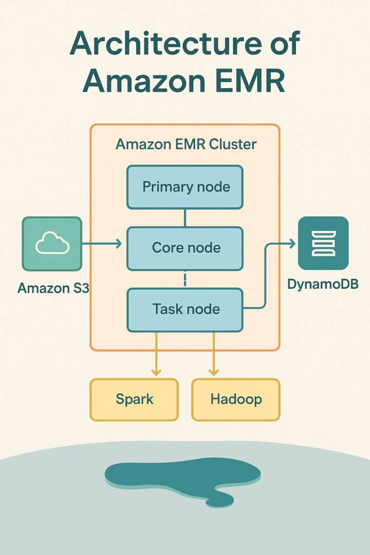 Diagrama en colores pasteles que muestra la arquitectura de Amazon EMR: un clúster con nodo primario, nodos principales y de tareas conectados a Amazon S3, DynamoDB y frameworks Spark y Hadoop en AWS.