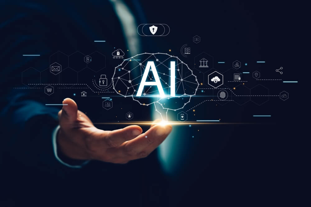 Un ejecutivo sostiene una proyección digital con la palabra “AI” en el centro, representando la responsabilidad tecnológica y la ética en la innovación empresarial.