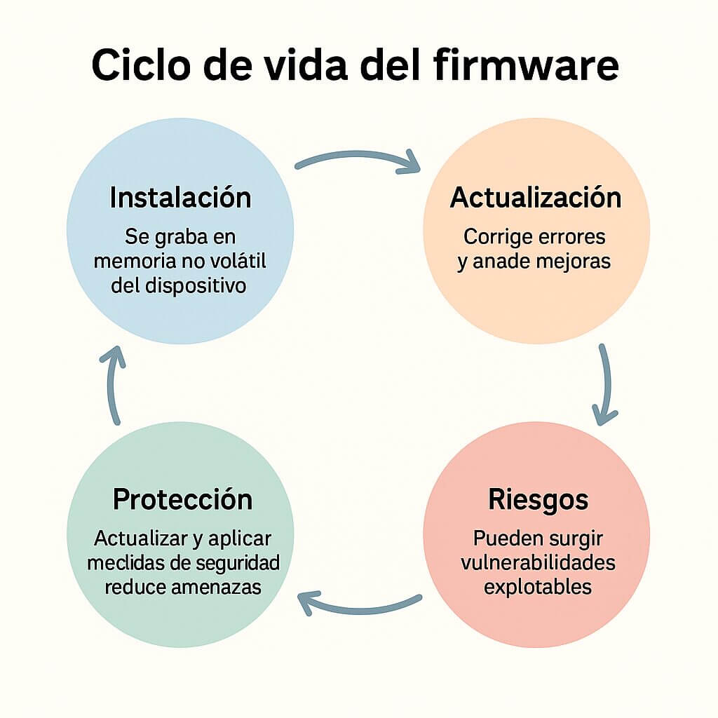 Infografía en colores pasteles que muestra el ciclo de vida del firmware en equipos de red: instalación, actualización, riesgos y protección, conectados en un esquema circular.