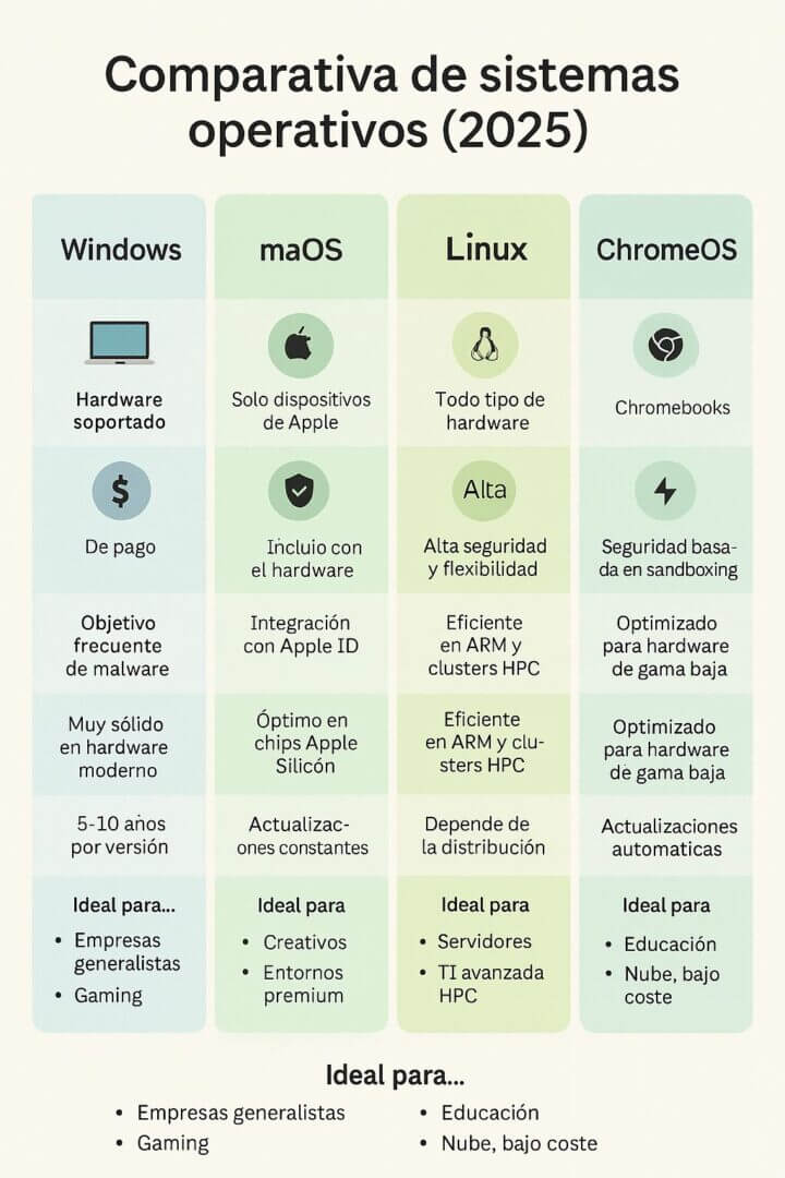 Infografía comparativa de sistemas operativos en 2025 que muestra las diferencias entre Windows, macOS, Linux y ChromeOS en hardware soportado, seguridad, actualizaciones y casos de uso. Incluye ventajas como flexibilidad de Linux, integración de macOS, estabilidad de Windows y optimización en la nube de ChromeOS.