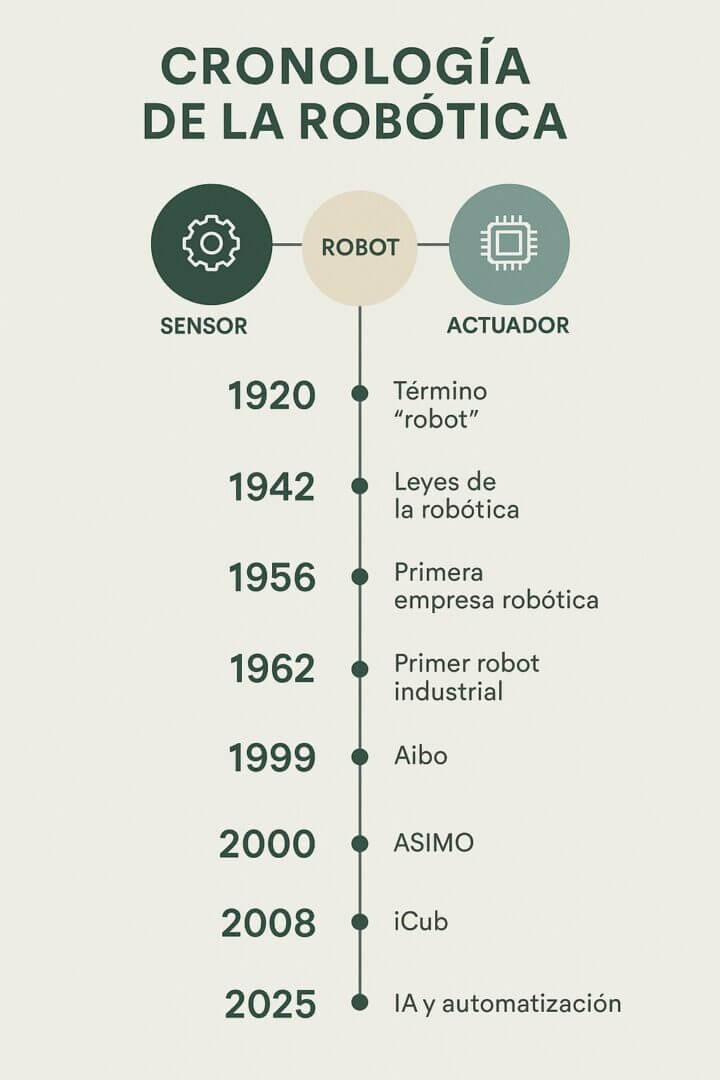 Infografía vertical en colores pastel que muestra la cronología de la robótica desde 1920 hasta 2025, destacando hitos como el término “robot”, las leyes de la robótica, el primer robot industrial y los avances de IA y automatización.