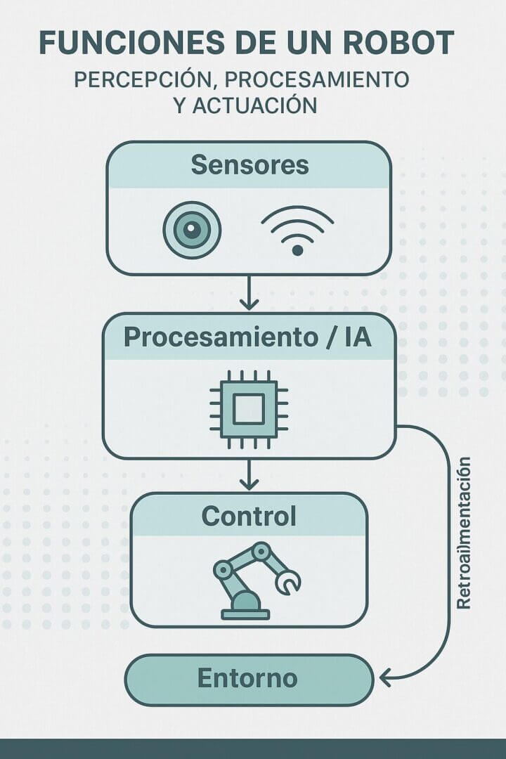 Infografía técnica en español que muestra las funciones de un robot: sensores que captan datos, procesamiento con inteligencia artificial, control de actuadores y retroalimentación del entorno. Diseño limpio en colores pastel con flechas verdes.
