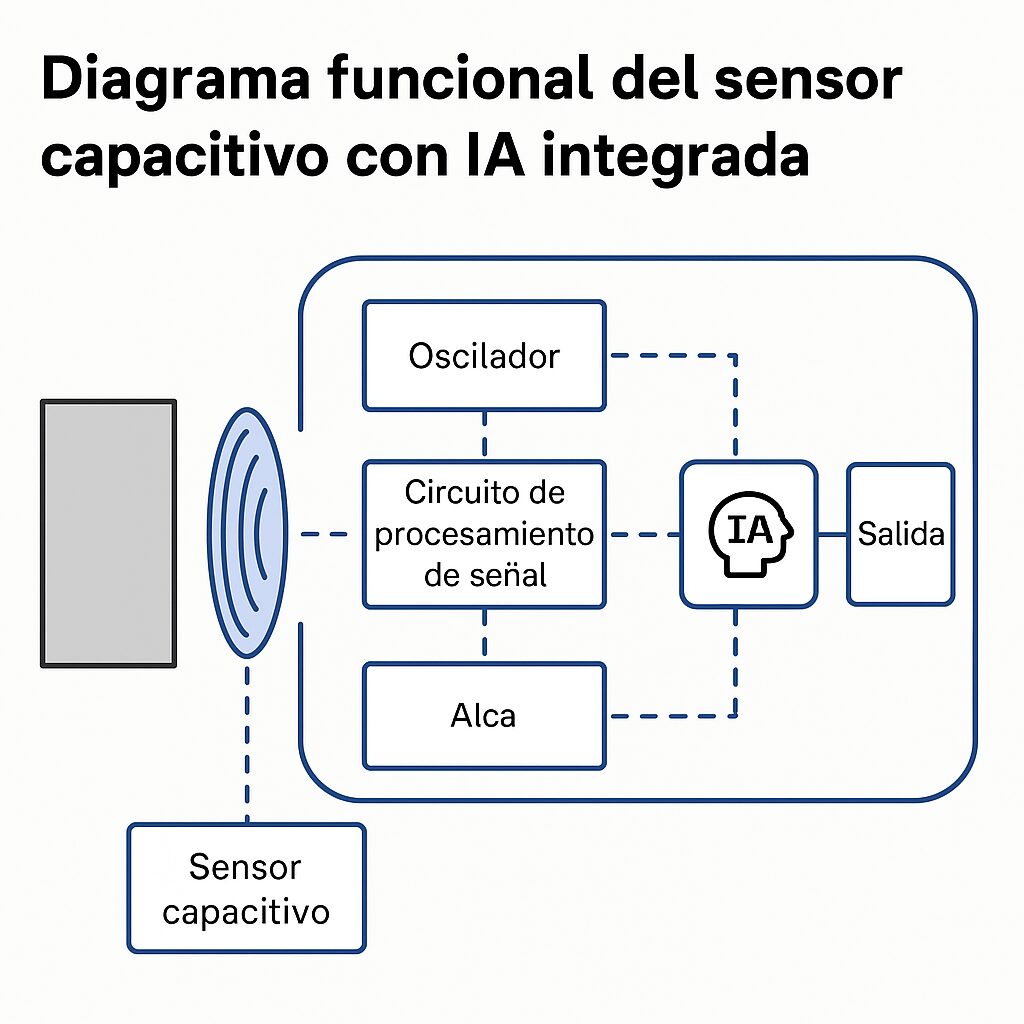 Diagrama funcional que muestra cómo los sensores capacitives integran IA para procesar señales, ajustar sensibilidad y enviar datos a sistemas industriales.