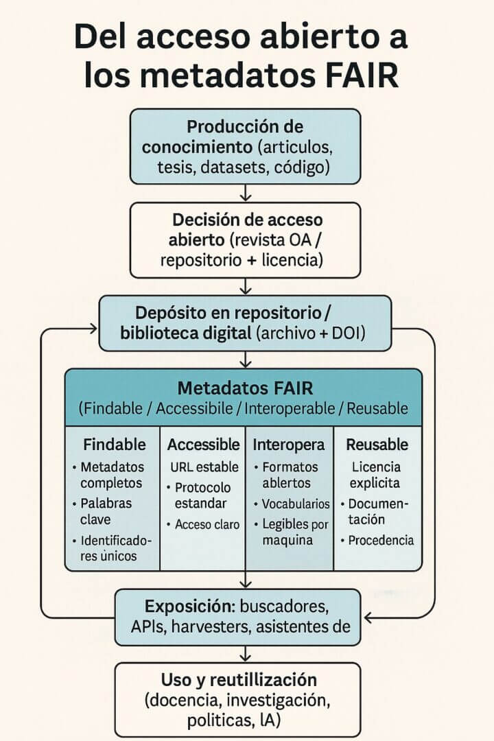 Infografía en español que muestra el flujo de trabajo en bibliotecas digitales, desde el acceso abierto hasta la creación de metadatos FAIR, incluyendo pasos de producción, depósito, indexación y reutilización de contenidos.