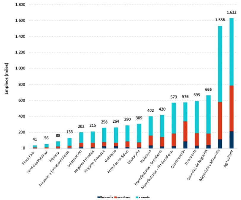 Gráfico de barras que muestra la distribución del empleo en Colombia según tamaño de empresa (pequeña, mediana y grande) y tipo de industria, relevante para analizar la adopción de tipos de nubes en sectores productivos.