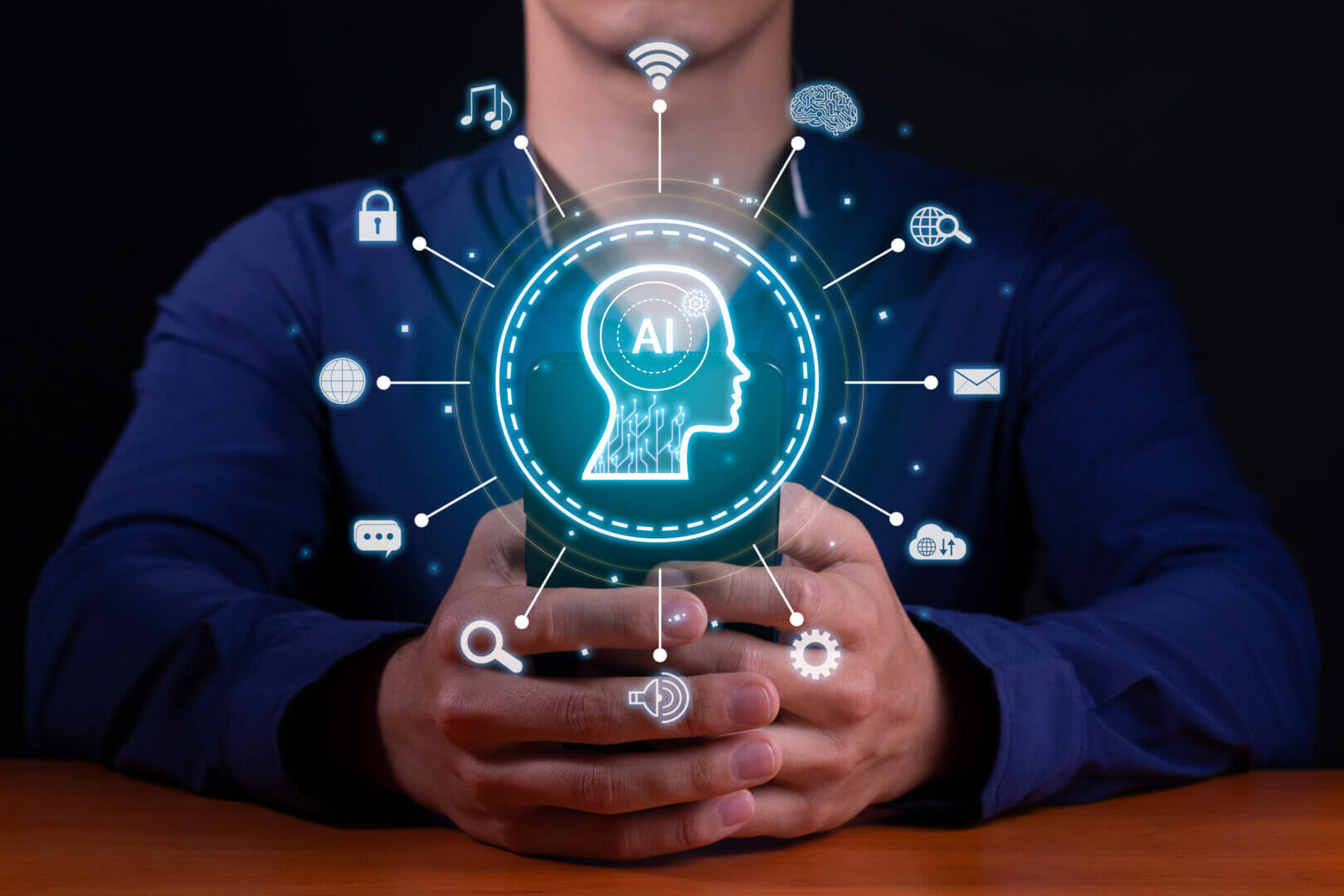 Imagen de un profesional interactuando con un gráfico digital que representa inteligencia artificial, simbolizando la conexión entre IA y leyes regulatorias.