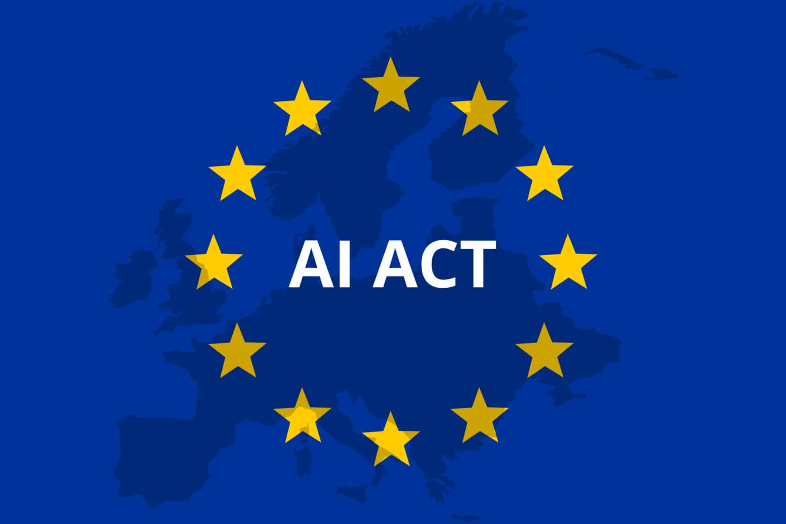 Imagen del mapa de Europa con las estrellas de la Unión Europea y la palabra 'AI ACT', simbolizando la legislación de inteligencia artificial en la región.