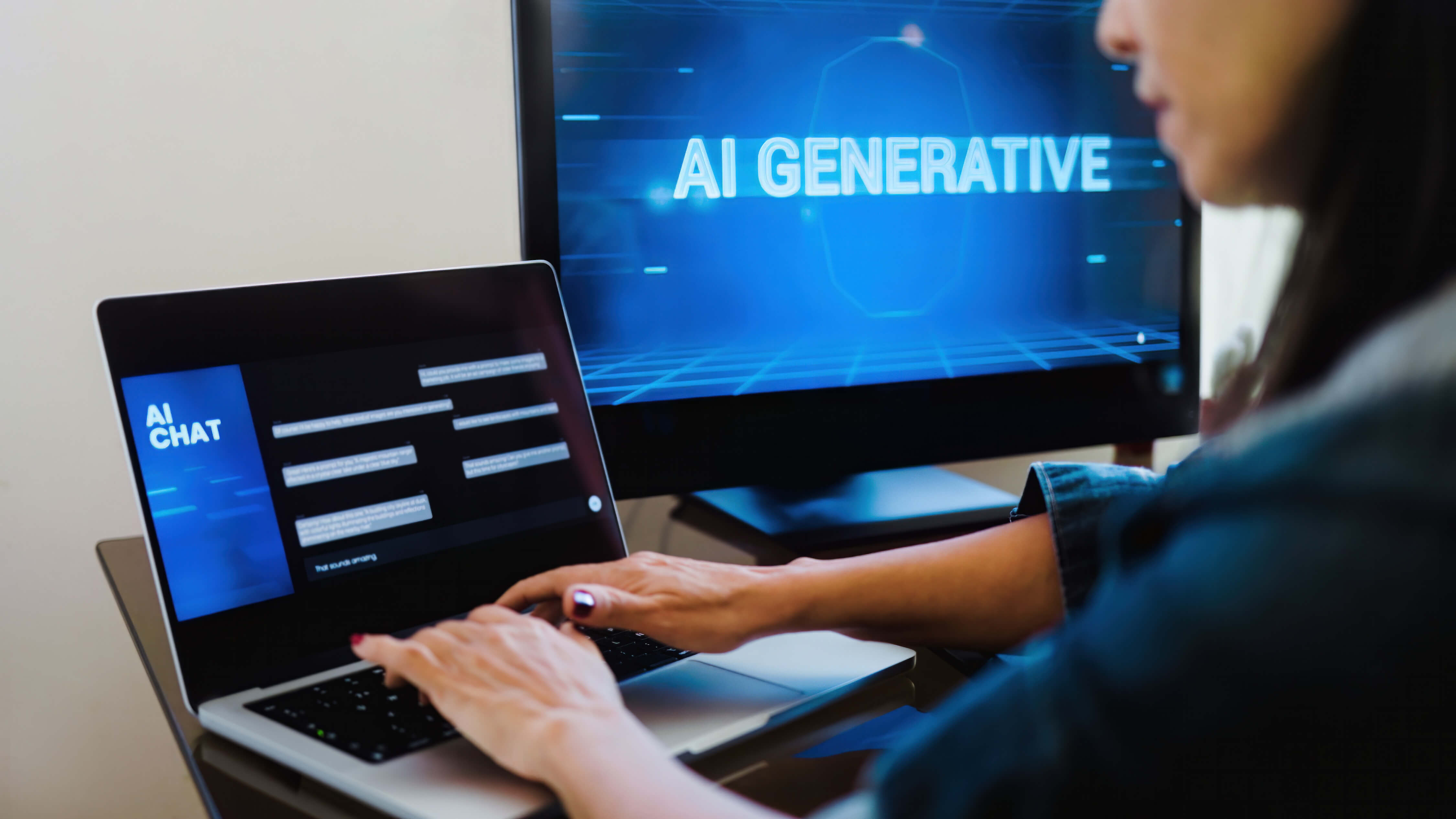 Empleada utilizando herramientas de IA generativa para mejorar productividad, con la pantalla mostrando 'AI CHAT' y 'AI GENERATIVE'. Esta tecnología está relacionada con la tendencia emergente de Shadow AI, que plantea riesgos de seguridad y cumplimiento.