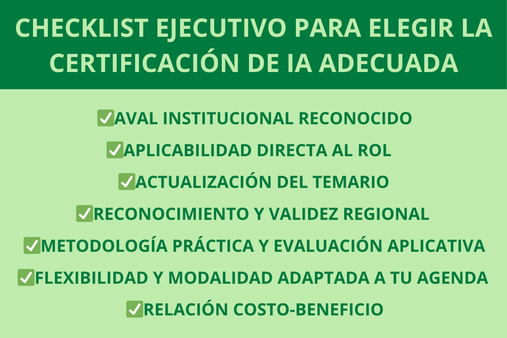 Imagen con un checklist destacando los criterios clave para elegir una certificación de inteligencia artificial adecuada para directivos, como aplicabilidad al rol y flexibilidad.