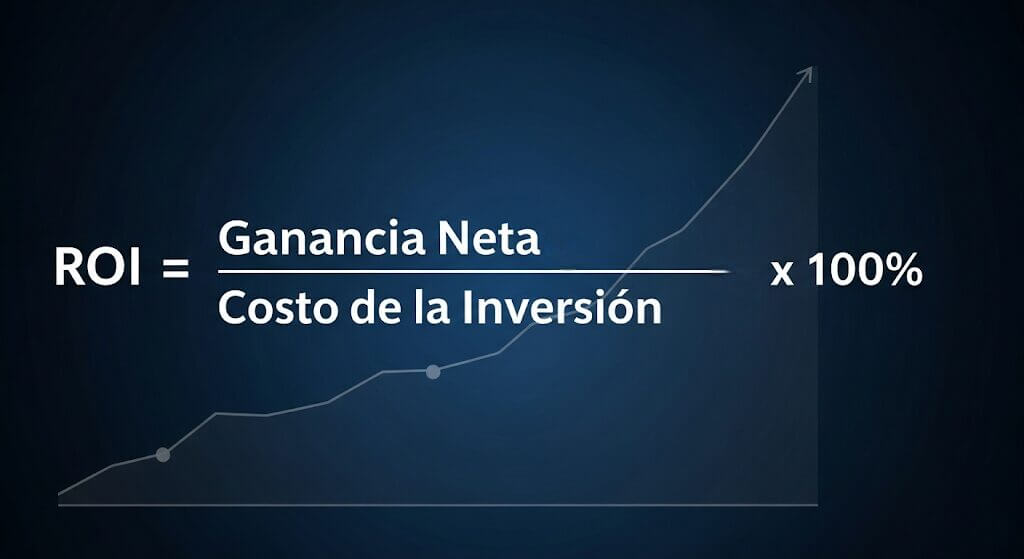 Gráfico que muestra la fórmula del Retorno sobre la Inversión (ROI), con la relación entre Ganancia Neta y Costo de la Inversión.