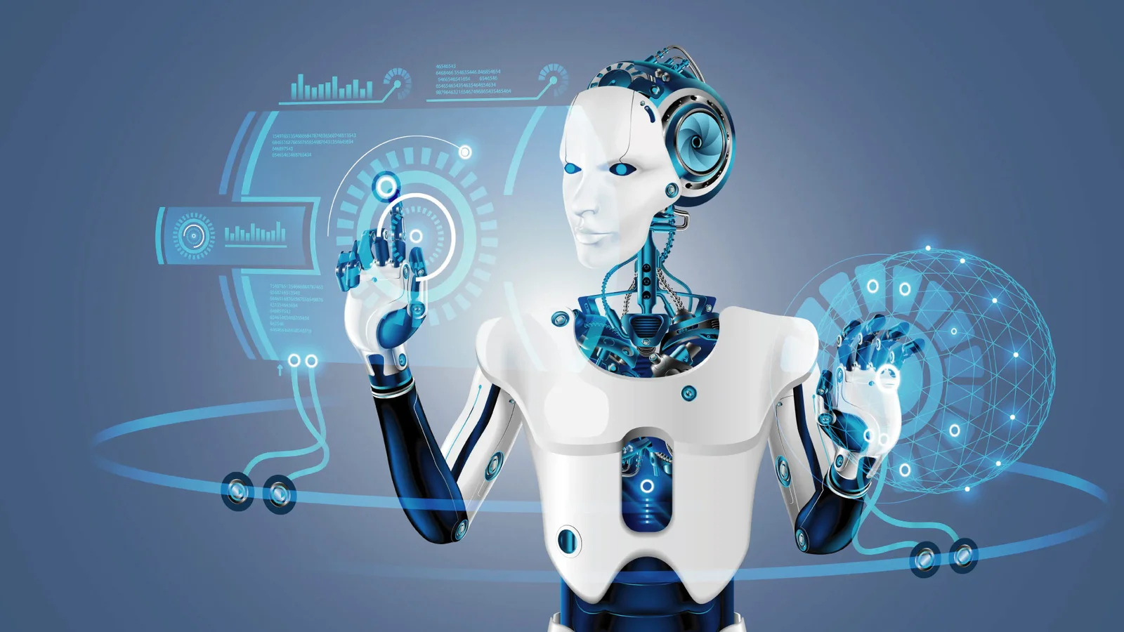 Ilustración de un robot humanoide interactuando con interfaces digitales y hologramas de datos, representando la automatización de procesos con IA en entornos empresariales.