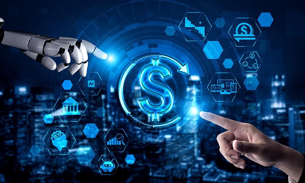 Ilustración conceptual de un robot y una mano humana señalando un símbolo de dinero, rodeado de íconos de tecnología y datos financieros. La imagen representa la pregunta central para las empresas: inteligencia artificial cuánto cuesta y cómo impacta en el retorno de inversión.