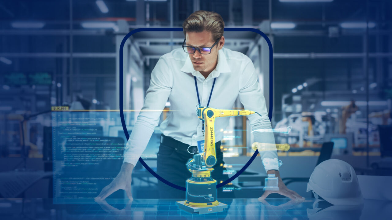 Un ingeniero observa un brazo robótico amarillo en una fábrica inteligente, ilustrando los usos de la inteligencia artificial por sector industrial en procesos de automatización.