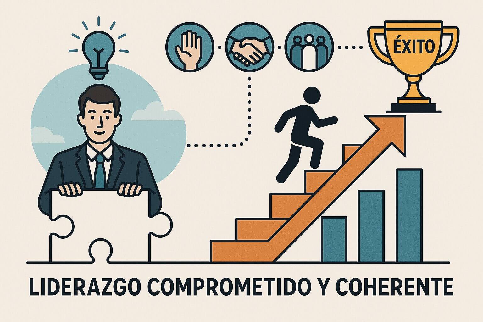 Ilustración de un líder con una pieza de rompecabezas y un profesional ascendiendo una escalera hacia el éxito, simbolizando liderazgo y cultura digital en las organizaciones
