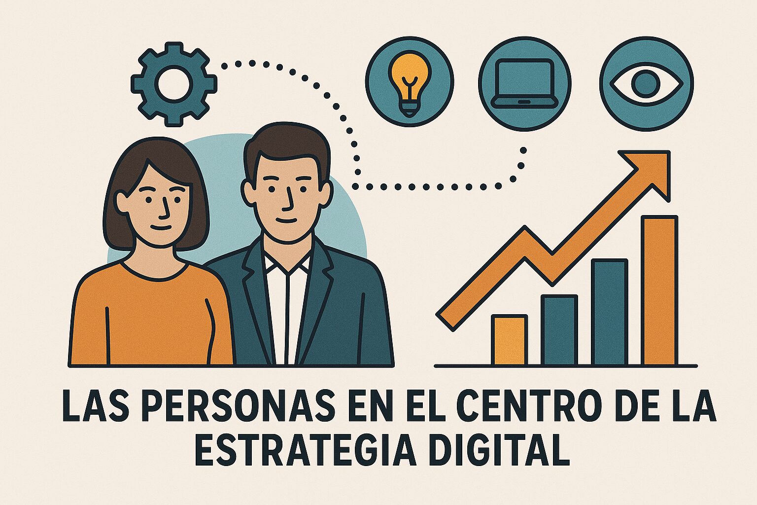 Ilustración de dos profesionales frente a íconos de innovación y tecnología, representando la importancia de las personas en la cultura digital empresarial