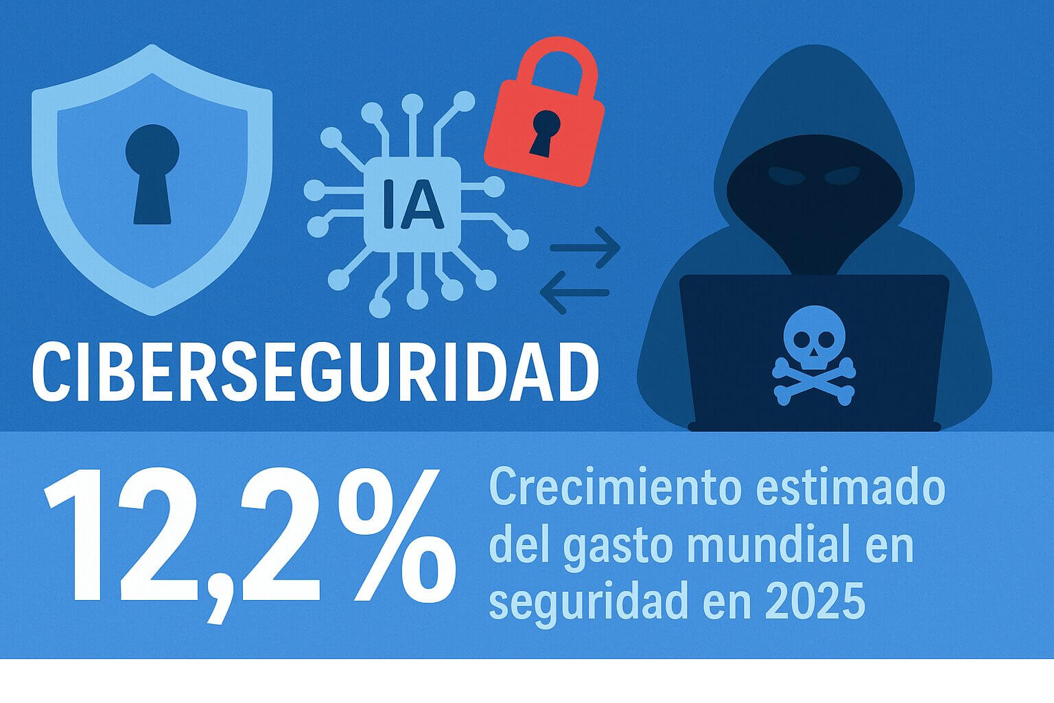 Ilustración sobre ciberseguridad con iconos de candado, inteligencia artificial y hacker, que destaca un crecimiento del 12,2% en el gasto mundial en seguridad en 2025.