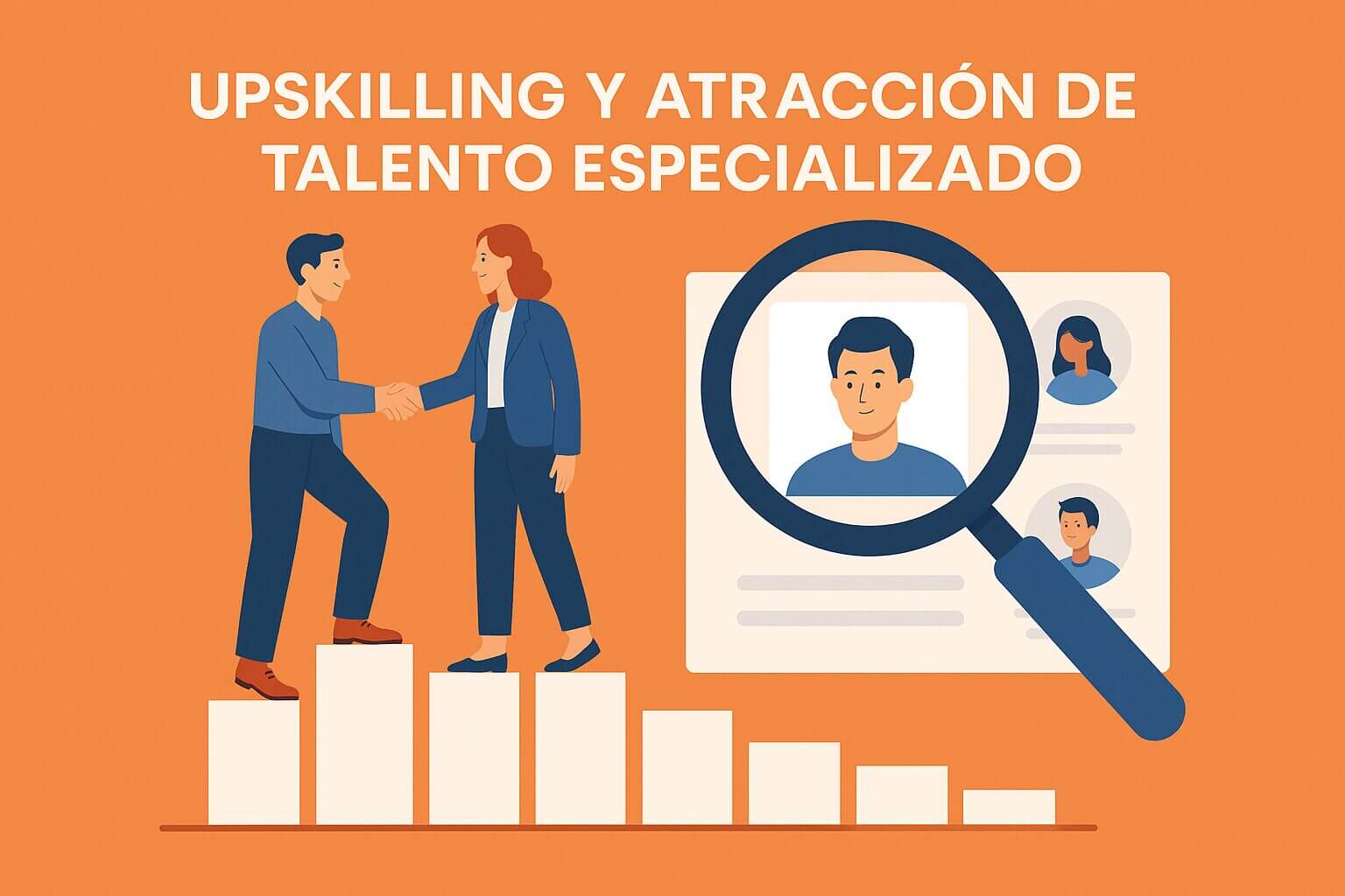 Ilustración de dos profesionales estrechando la mano sobre un gráfico ascendente, con un currículum ampliado al fondo, que representa el upskilling y la atracción de talento especializado.