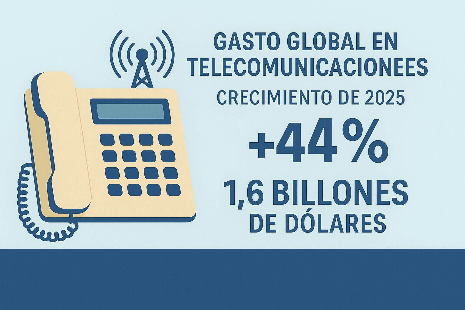 Ilustración de un teléfono fijo con antena de señal que representa el crecimiento del gasto global en telecomunicaciones en 2025, con un aumento del 44% hasta 1,6 billones de dólares.