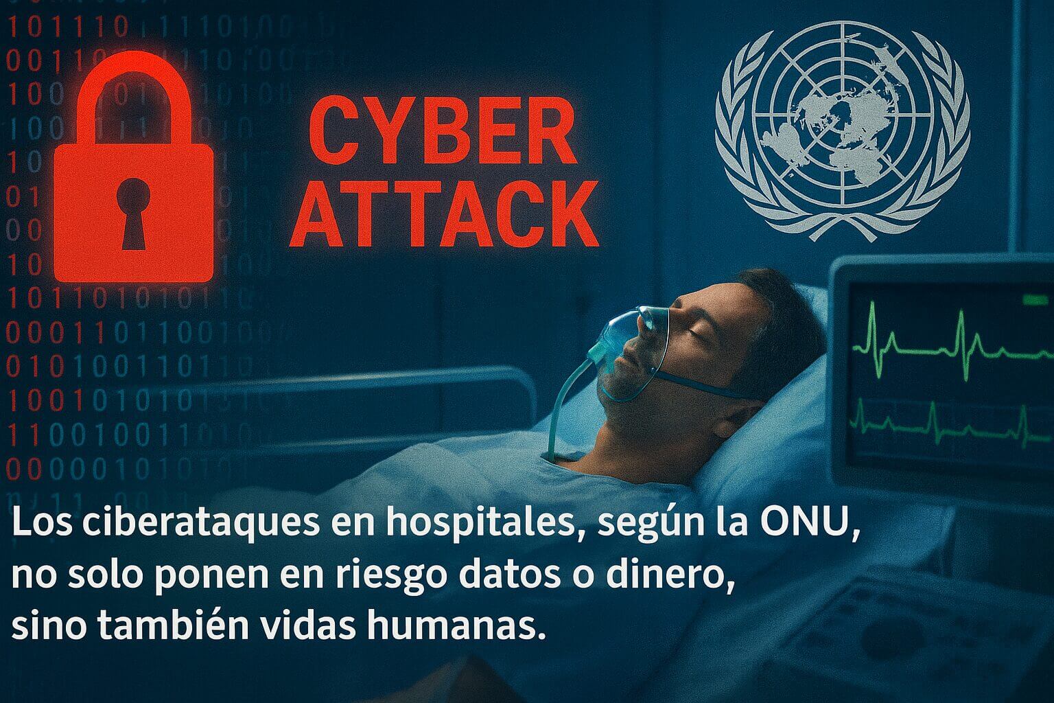 Paciente en una cama de hospital junto a una alerta visual de ciberataque y el emblema de la ONU, asociado a riesgos de ciberseguridad en salud.
