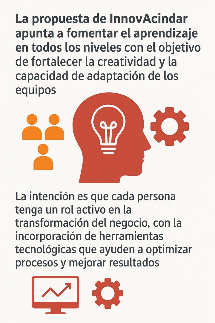 Infografía sobre InnovAcindar que muestra íconos de aprendizaje, creatividad, tecnología y trabajo colaborativo, acompañados de textos que explican cómo la iniciativa impulsa nuevas habilidades y la transformación interna de ArcelorMittal Acindar.