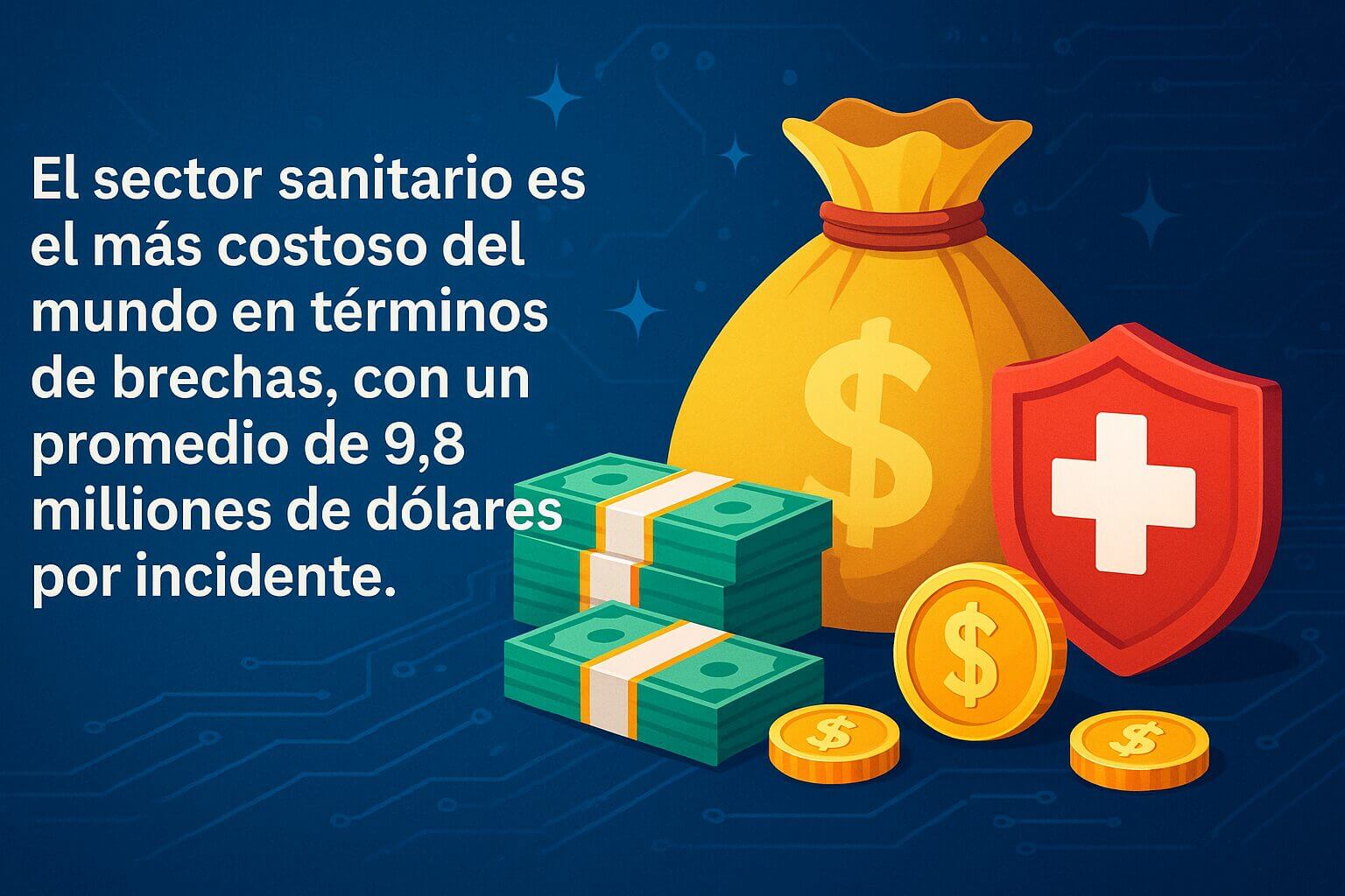 Ilustración con billetes, monedas, una bolsa de dinero y un escudo sanitario que destaca el costo promedio de 9,8 millones de dólares por brecha en el sector, relacionado con ciberseguridad en salud.