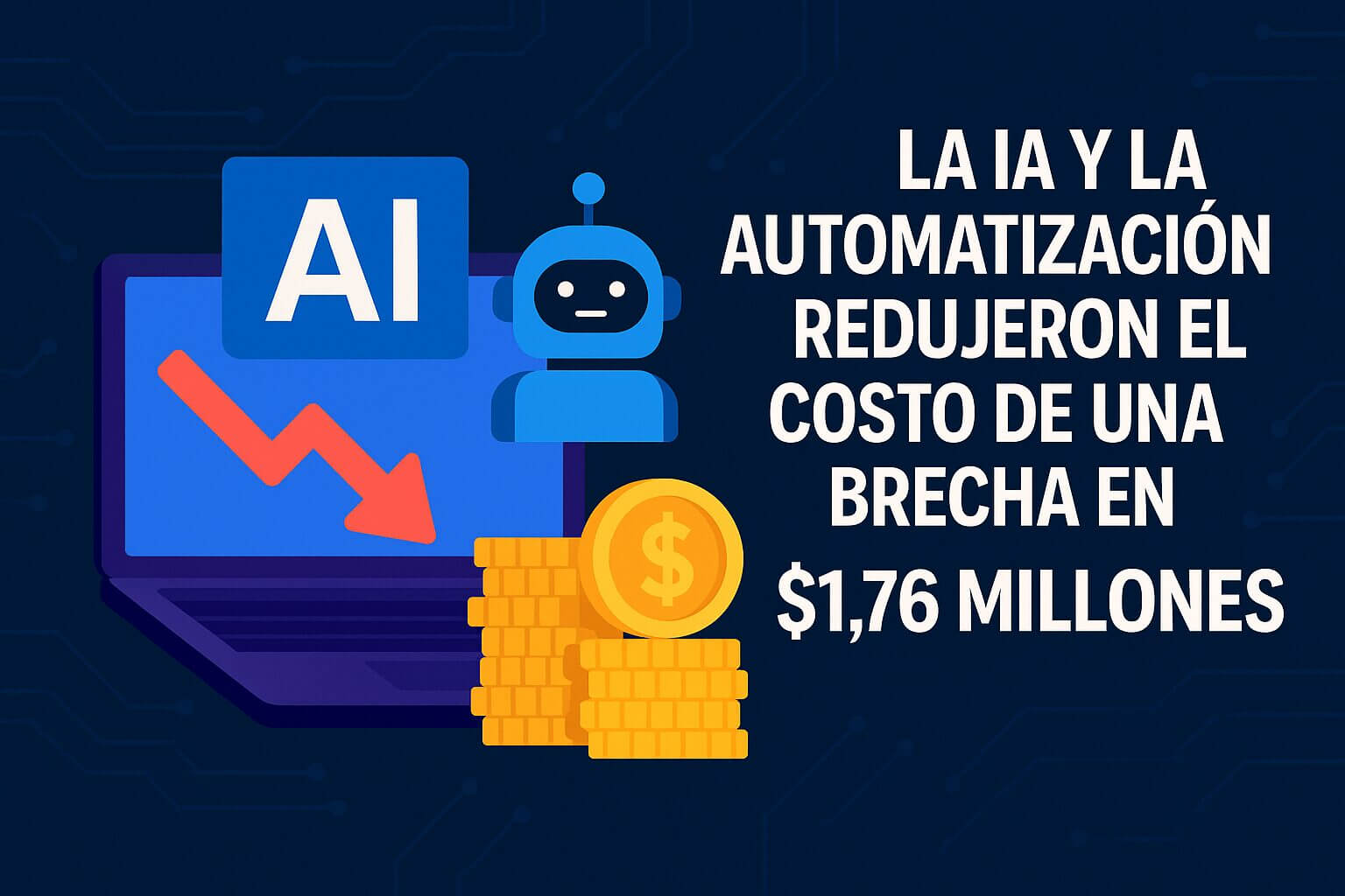 Ilustración con ícono de IA, un robot, una flecha descendente y monedas que representan la reducción de costos gracias a IA en procesos de ciberseguridad en salud.
