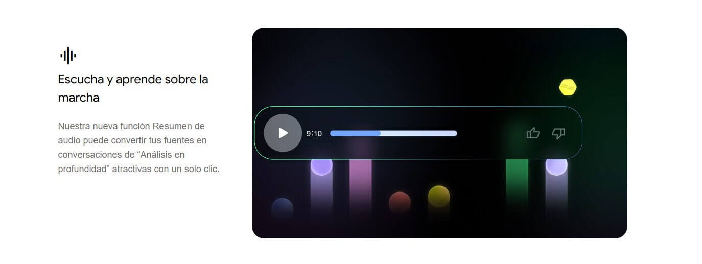 Interfaz visual de Google NotebookLM mostrando la función de Resumen de audio, con un reproductor y barras de colores sobre fondo oscuro.