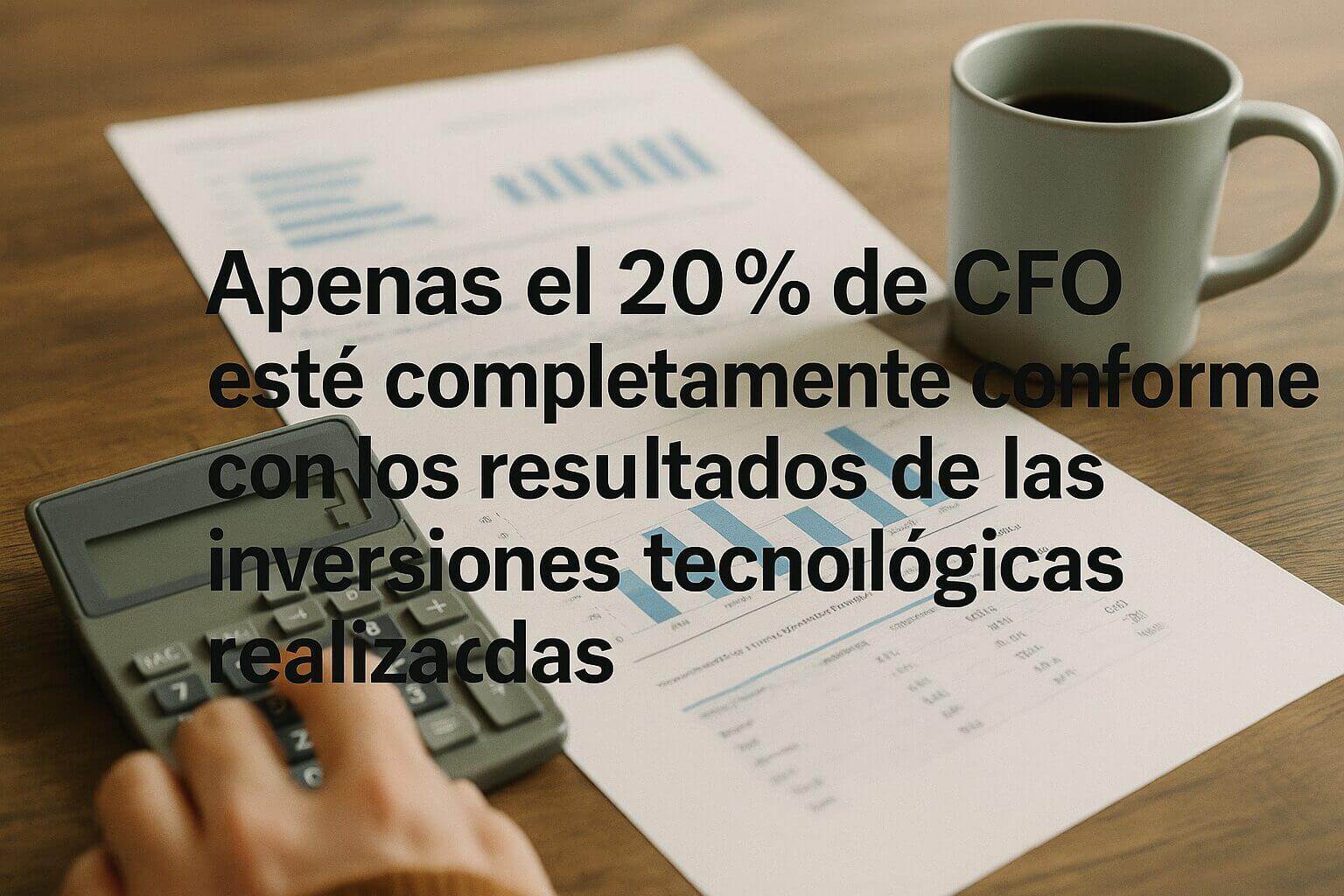 Manos de un profesional que revisa cifras con una calculadora y gráficos impresos en un escritorio, junto a una taza de café, en un contexto marcado por la Presión del CFO sobre el gasto en tecnología.