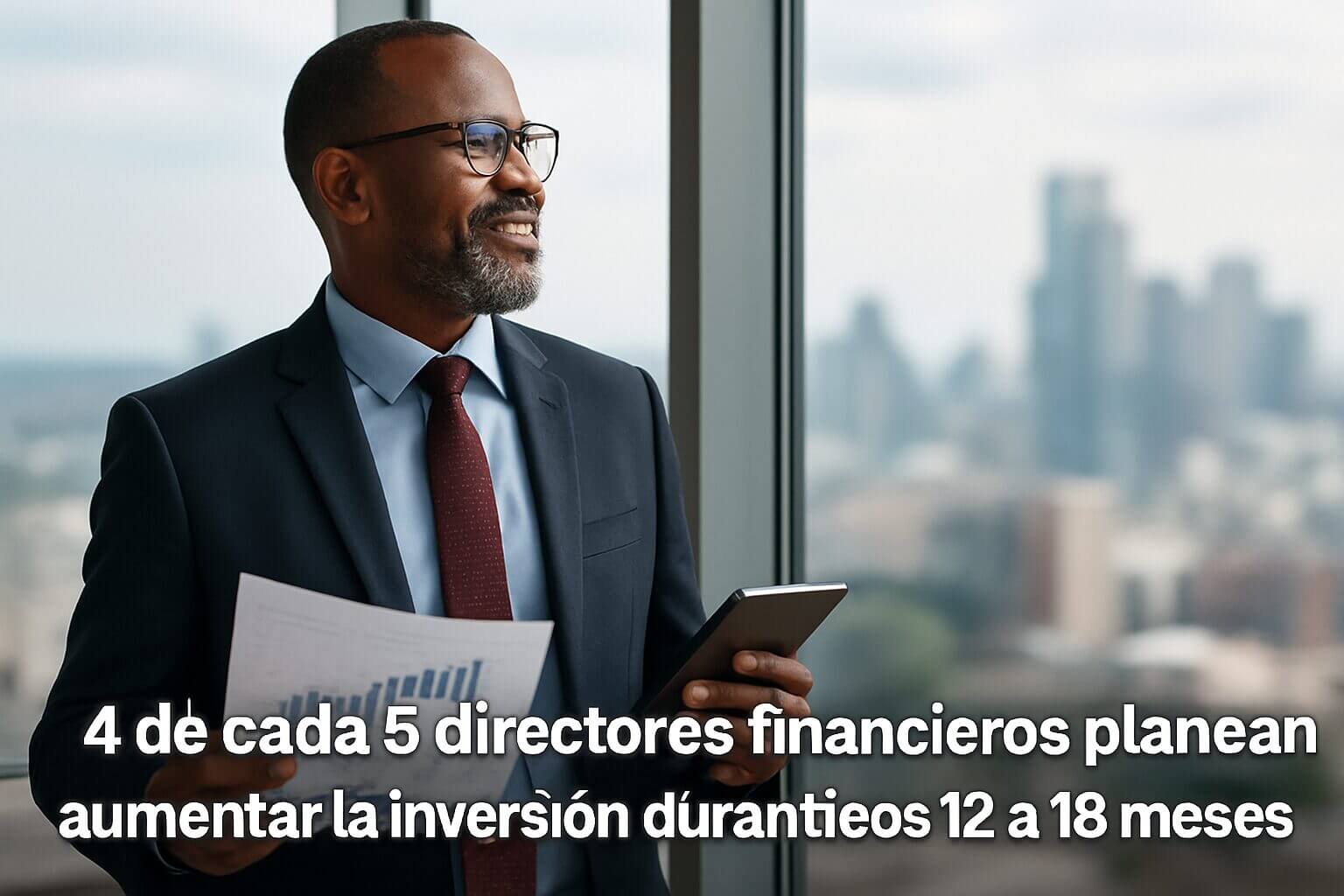 Director financiero de pie junto a una ventana con documentos y una tablet, mientras analiza proyecciones de inversión en un escenario marcado por la Presión del CFO sobre el gasto en tecnología.