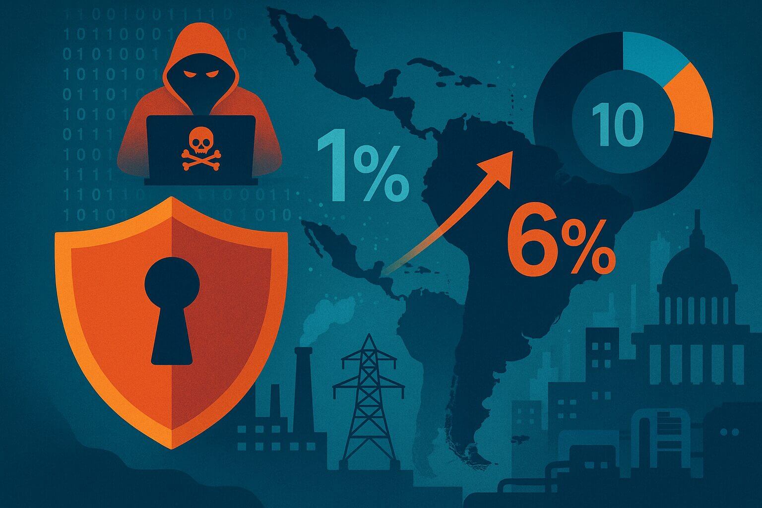 Gráfico ilustrando el crecimiento de los ciberataques en América Latina, destacando el aumento del 1% al 6% en el impacto en infraestructuras críticas.