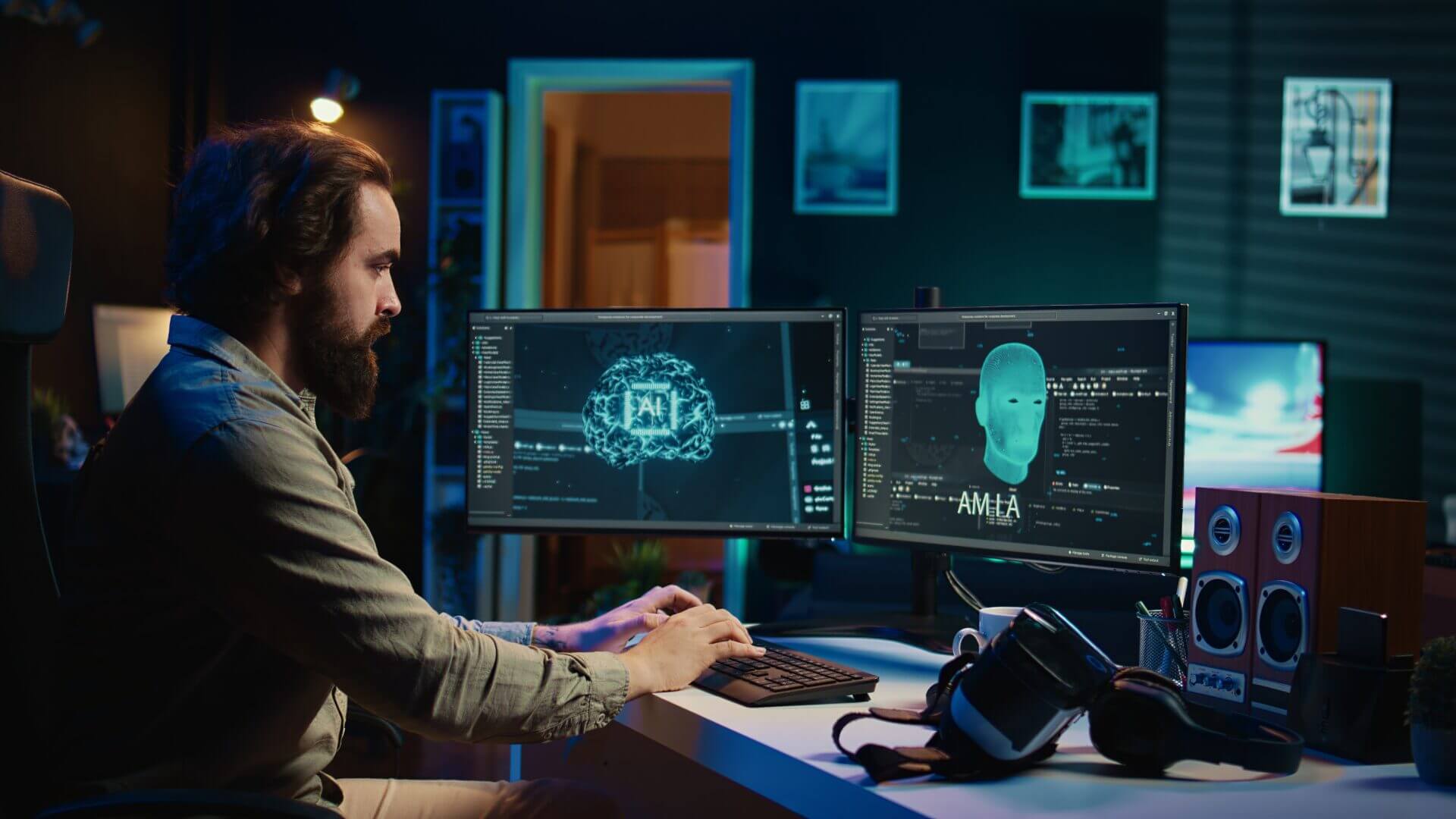 Especialista en ciberseguridad utilizando inteligencia artificial y análisis de datos en pantallas duales para proteger infraestructuras críticas.