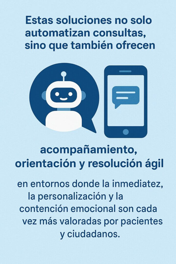 Ilustración de un chatbot de salud junto a un teléfono móvil que representa la automatización de consultas, el acompañamiento, la orientación y la resolución ágil para pacientes y ciudadanos.