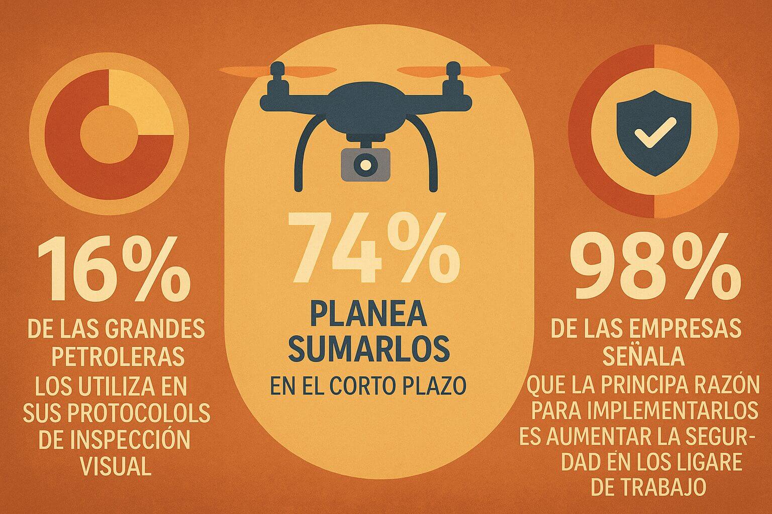 Infografía con porcentajes sobre drones en oil & gas: 16% de grandes petroleras ya los usa, 74% planea sumarlos pronto y 98% indica seguridad como motivo principal.