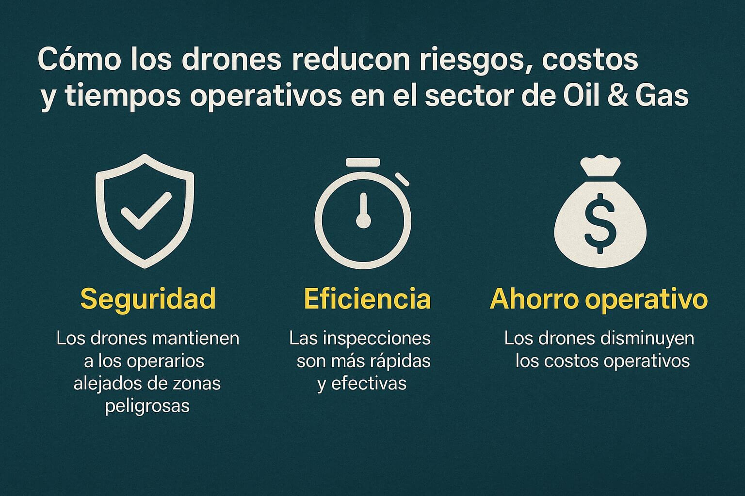 Lámina con iconos y texto sobre drones en oil & gas: seguridad, eficiencia y ahorro operativo en inspecciones industriales.