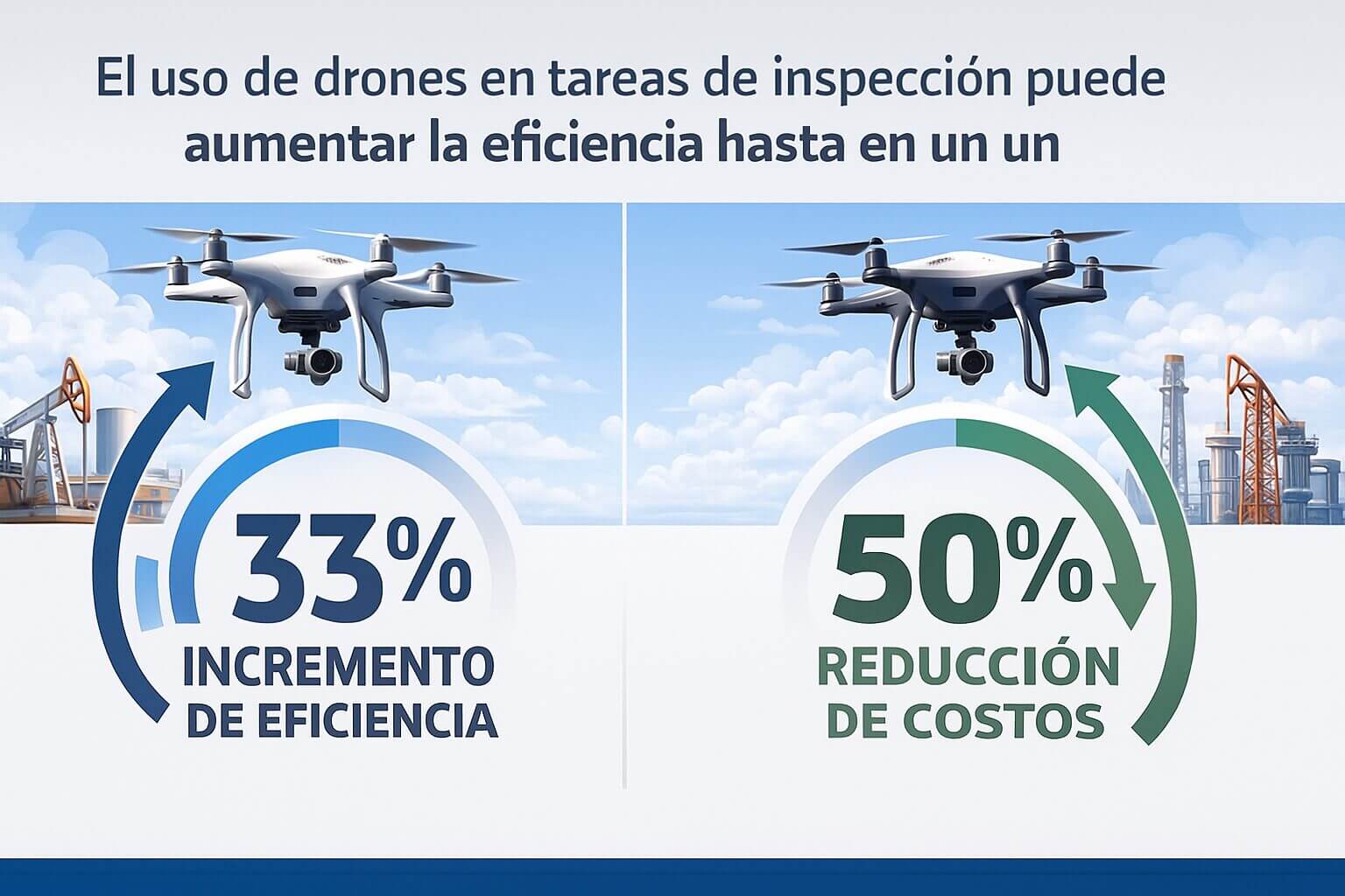 Infografía sobre drones en oil & gas con dos indicadores: 33% de incremento de eficiencia y 50% de reducción de costos en tareas de inspección.