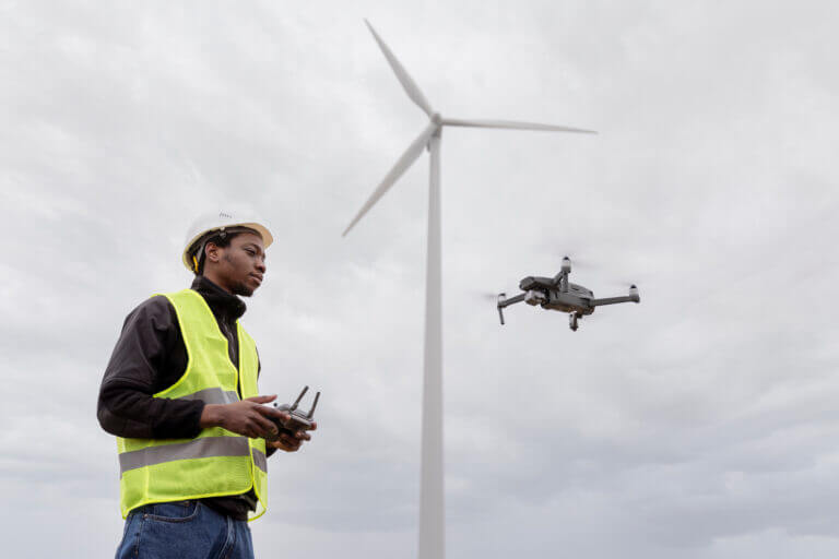 Técnico con casco y chaleco reflectante controla un dron cerca de una turbina eólica, ejemplo de uso de drones en oil & gas para inspección de activos.