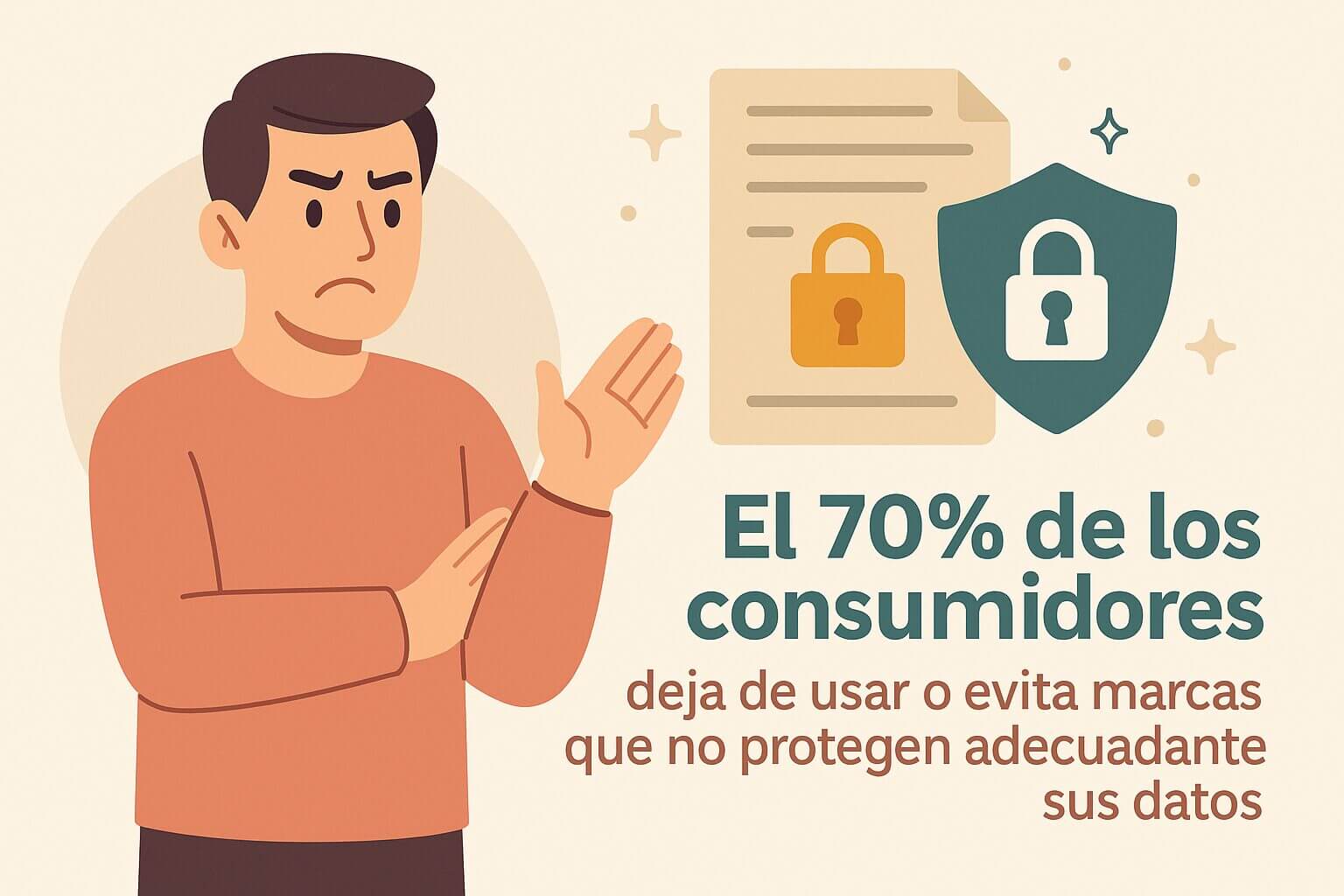 Ilustración de usuario que rechaza una marca por falta de protección, con íconos de candado y escudo, vinculada a ciberseguridad en fintechs y bancos digitales.