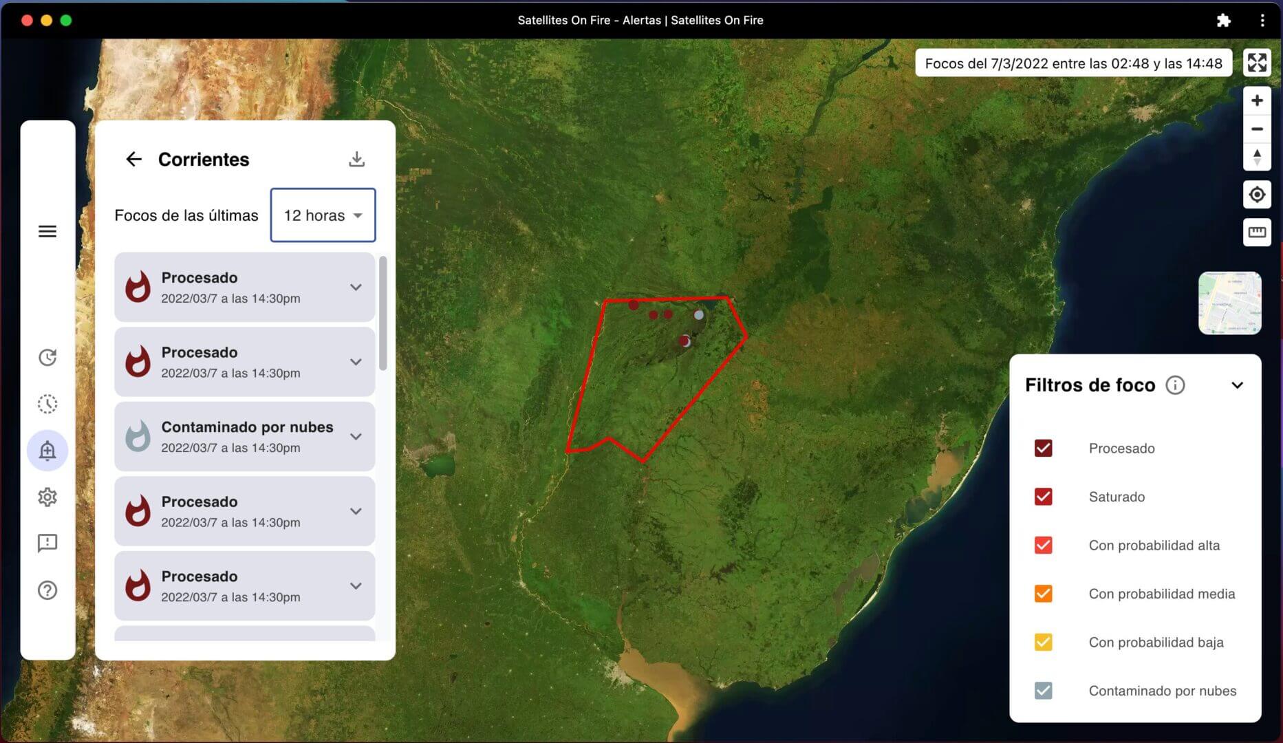 Interfaz de la plataforma Satellites on Fire mostrando un mapa con alertas sobre incendios forestales, incluyendo detalles sobre la probabilidad de riesgo y las condiciones meteorológicas.