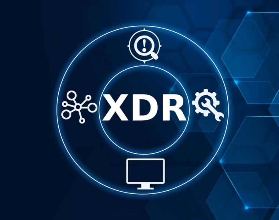 Ilustración tecnológica con el término XDR en el centro, rodeado de íconos de monitoreo, red y automatización, representando cómo operan las Plataformas XDR en la detección y respuesta a amenazas.