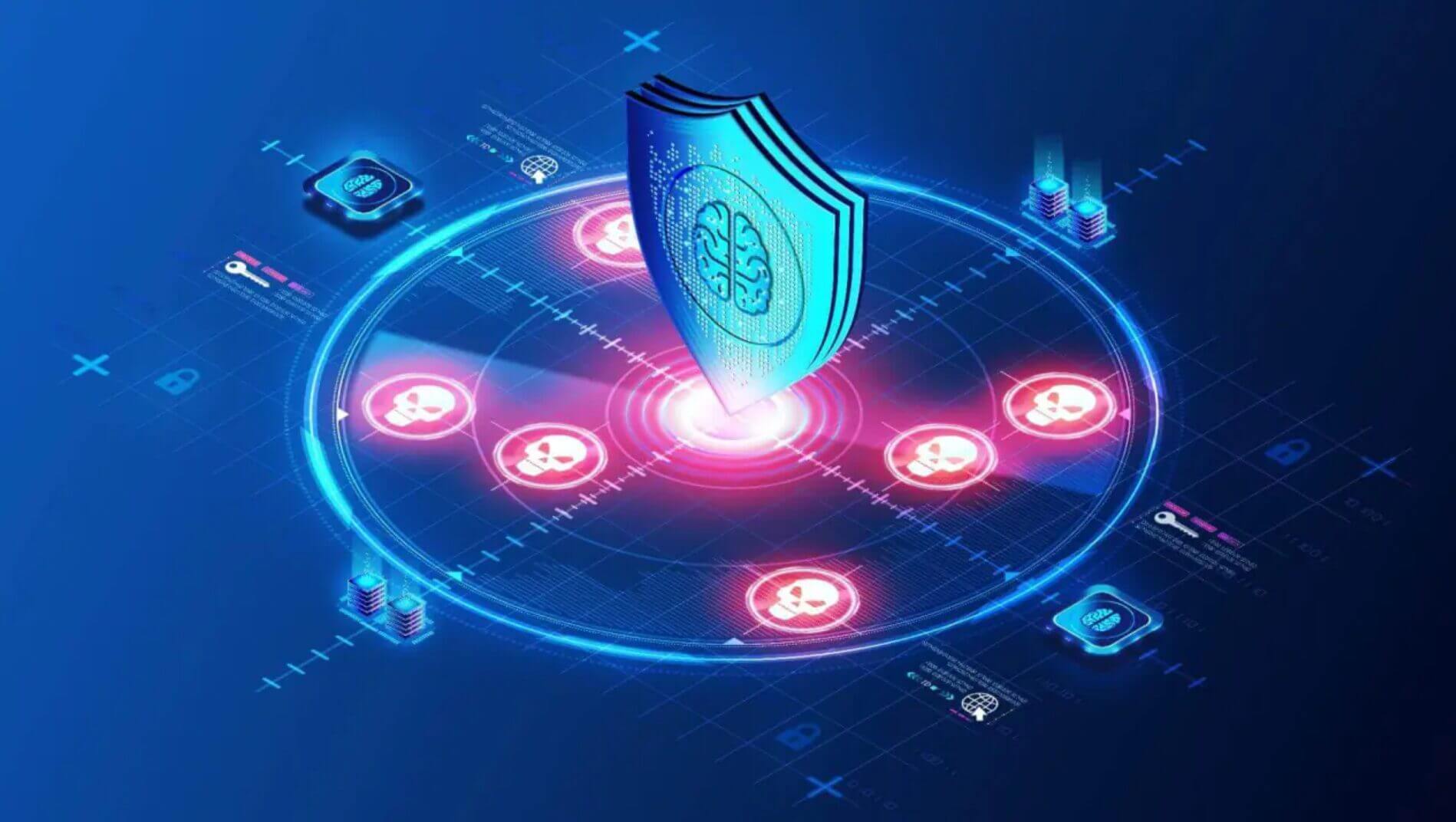 Escudo digital con IA defendiendo un entorno rodeado de alertas de amenazas, ilustrando cómo las Plataformas XDR detectan y contienen ataques en tiempo real.