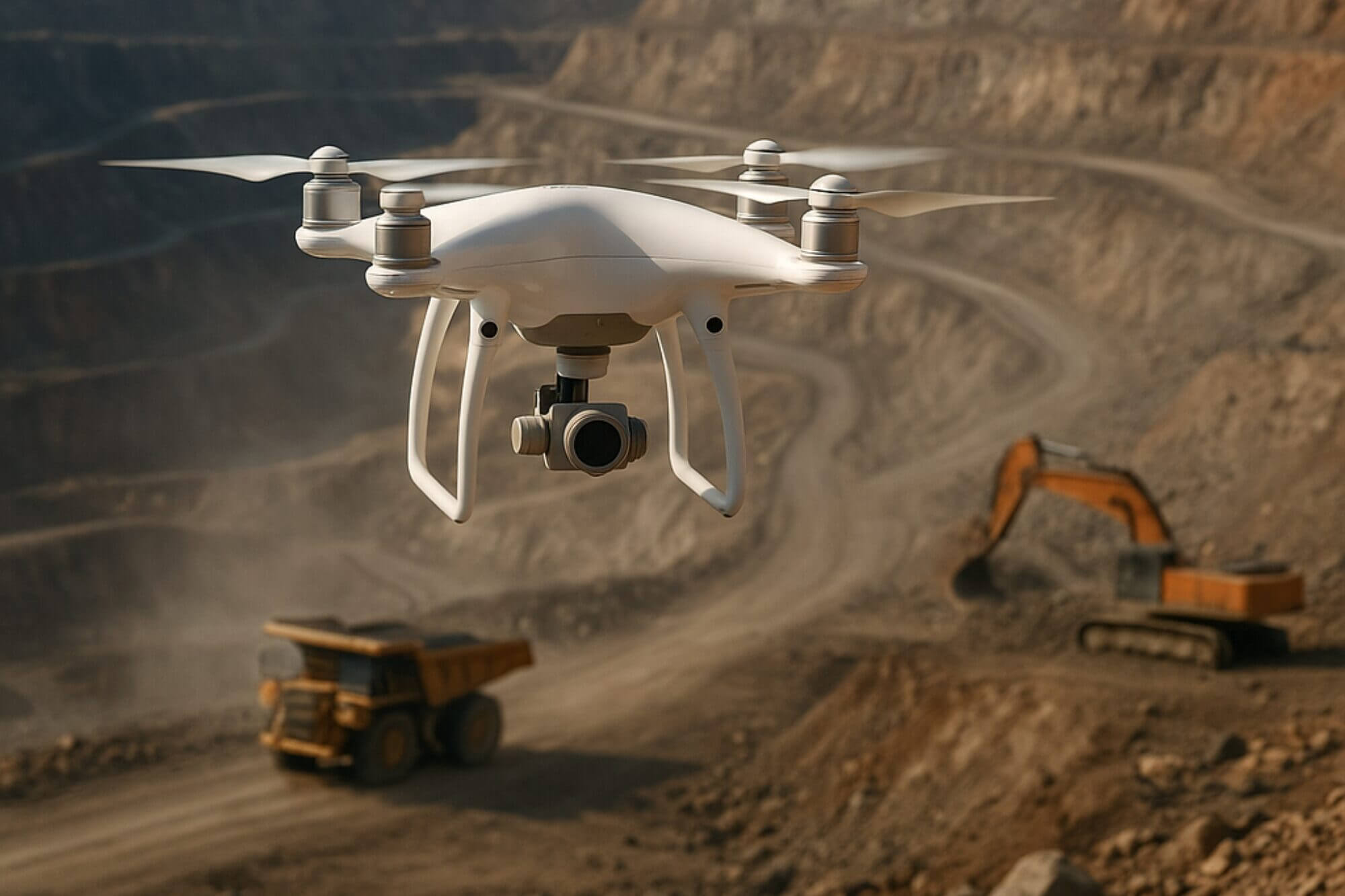 Drone con cámara sobre una mina a cielo abierto, con camión y excavadora al fondo; ejemplo de drones en minería para topografía y seguridad.