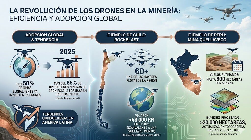 Infografía sobre drones en mineria con cifras de adopción global y ejemplos en Chile (RockBlast) y Perú (mina Quellaveco), con mapas, drones y métricas de uso.