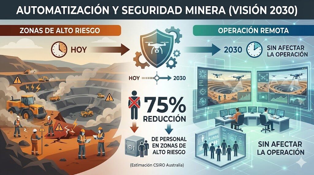 Infografía de automatización y seguridad minera con drones en mineria: contraste entre zonas de alto riesgo hoy y operación remota en 2030, con meta de 75% menos personal expuesto.